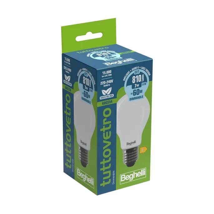 lampadina led beghelli goccia opalina attacco e27 7 watt luce fredda 6500k fronte lampadina