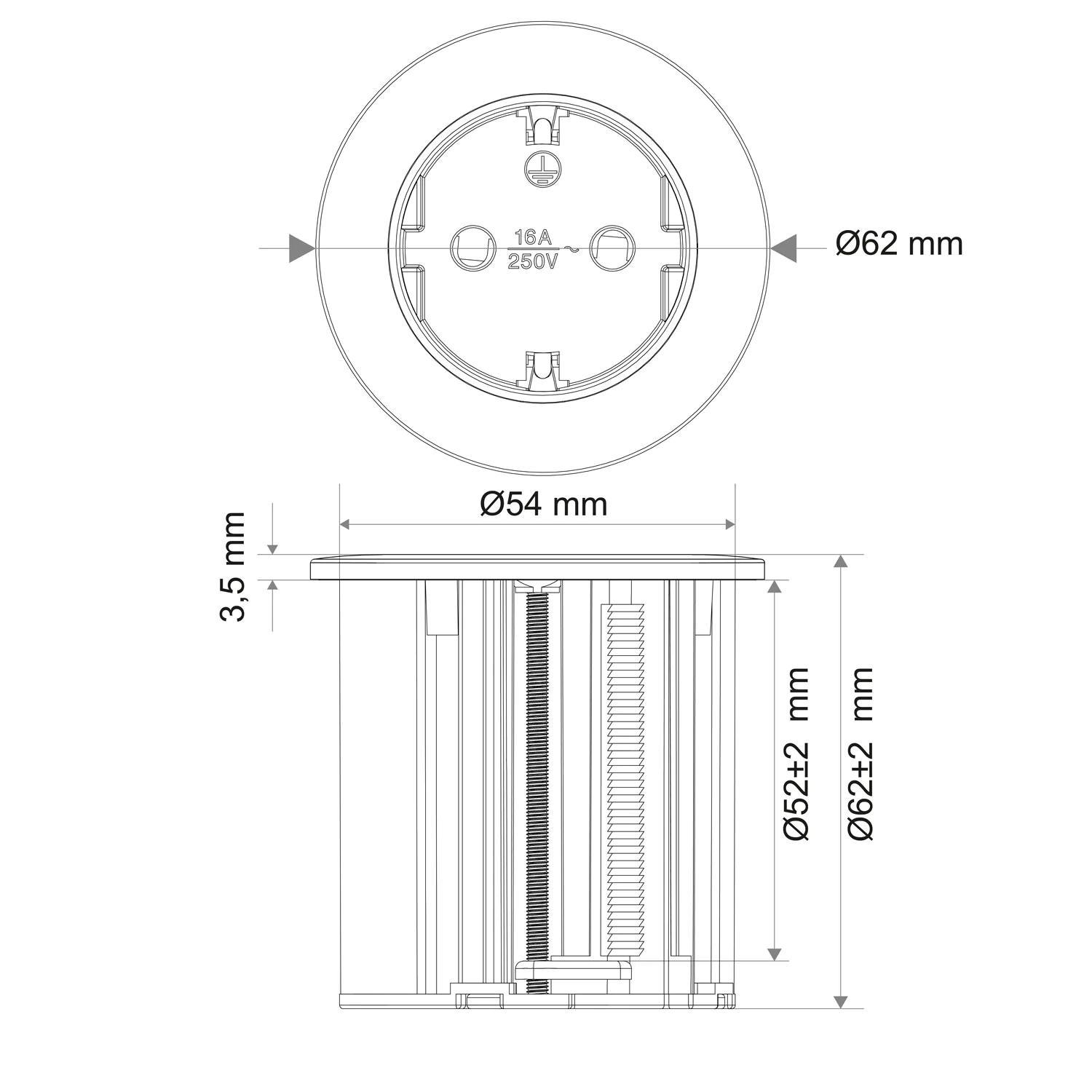 Disegno tecnico multipresa incasso Schuko tonda nera misure 62 e 54 mm