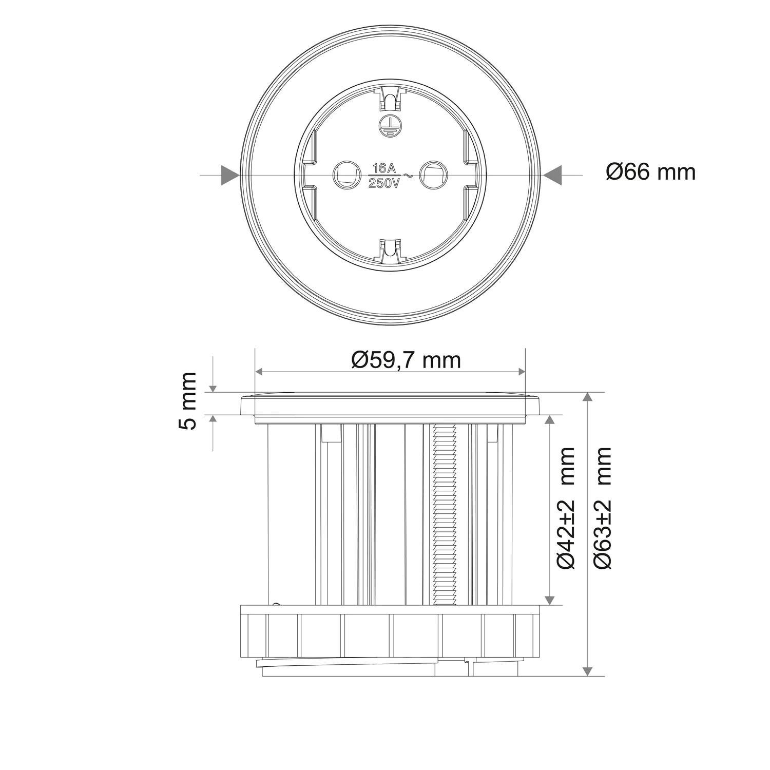 Schema tecnico multipresa incasso Schuko tonda adattatore 66 mm Electraline