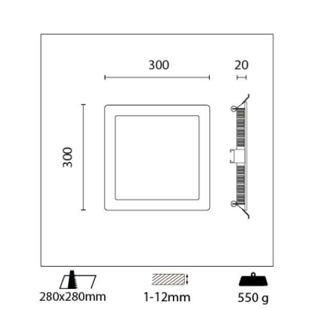 disegno tecnico pannello led quadrato 300x300 mm con misure e profonditu00e0 per installazione