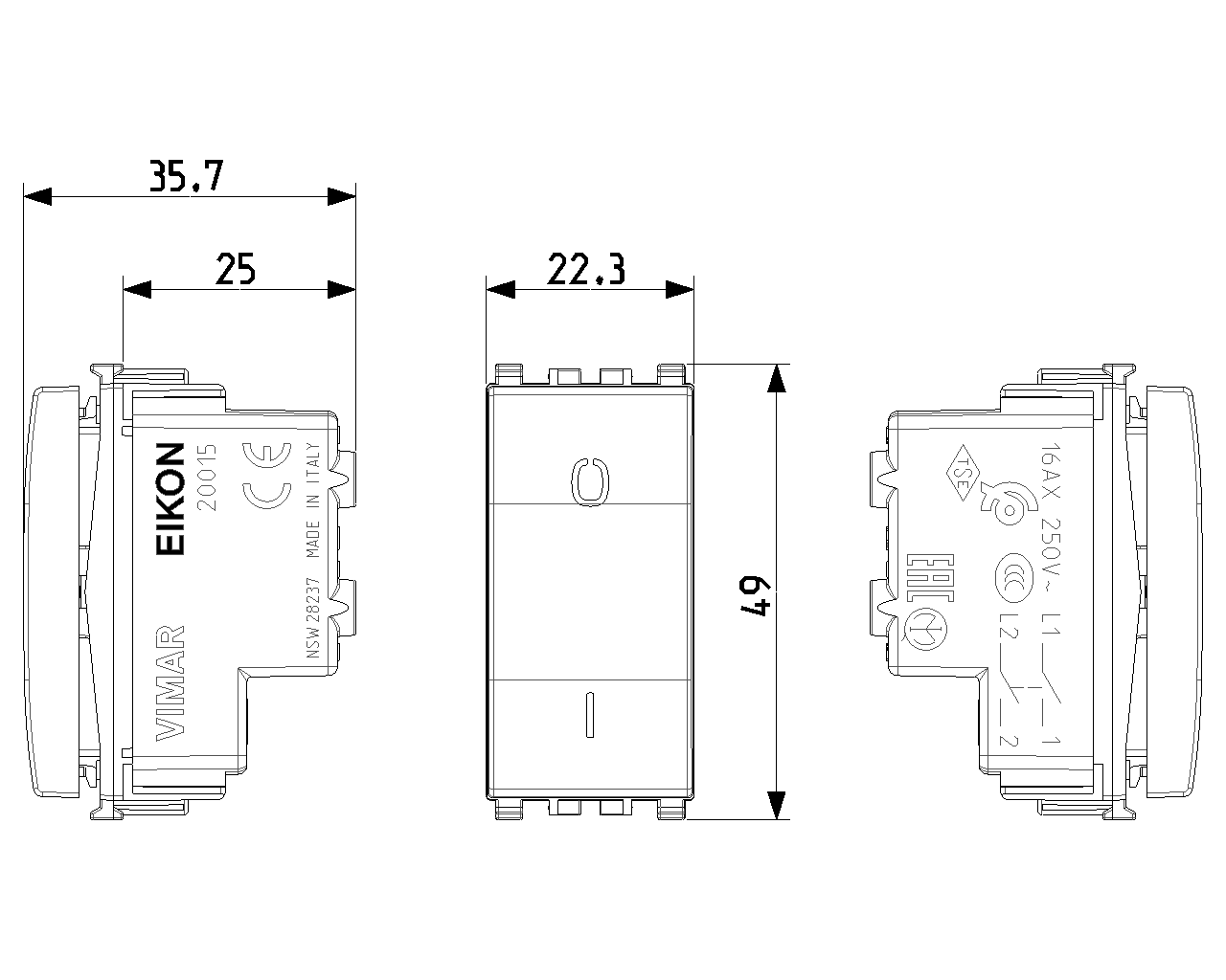 disegno tecnico dimensioni interruttore bipolare 2 poli 16AX Vimar Eikon