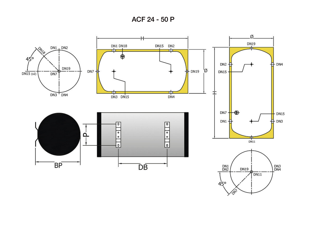 disegno tecnico dimensionale accumulo inerziale elbi 50 litri attacchi e misure