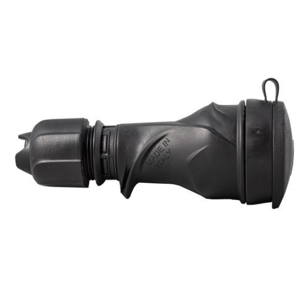 vista laterale presa schuko fanton gomma nera con coperchio ip54