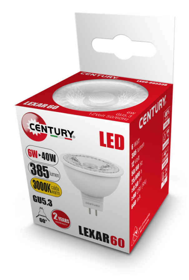 confezione faretto led spot century lexar 60 gu53 5w 350lm luce calda 3000k