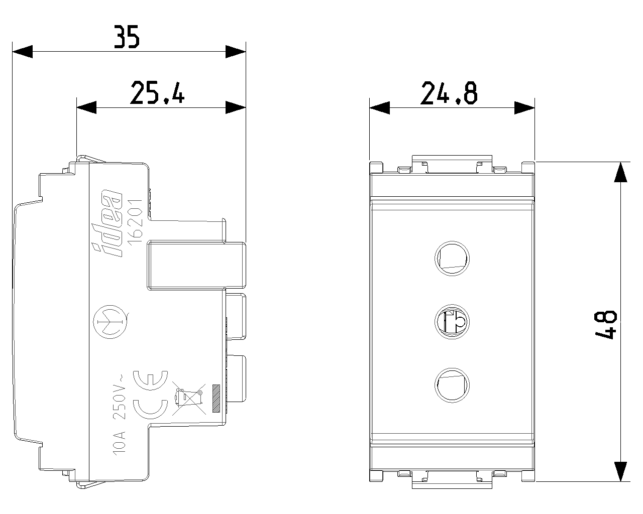 disegno tecnico dimensioni presa elettrica Vimar 2P T 10A incasso serie civile
