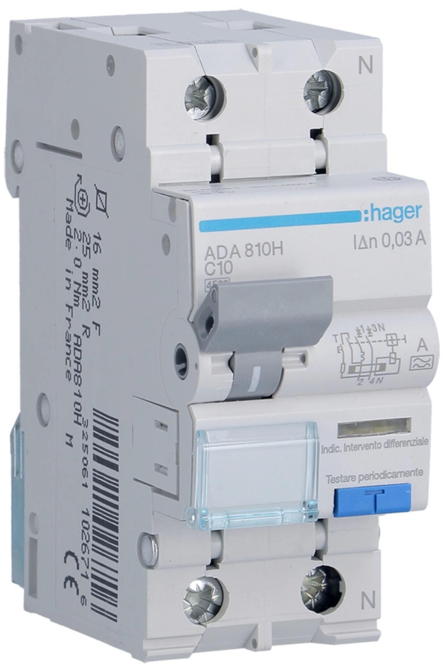 interruttore magnetotermico differenziale hager 1PN 10A 30mA curva C vista frontale