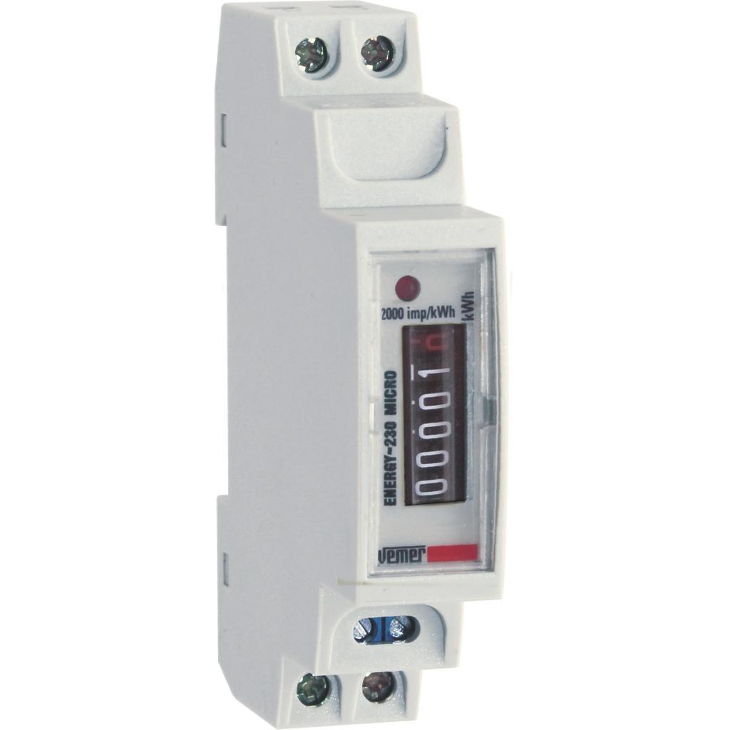 contatore energia monofase digitale Vemer VE321600 su guida DIN vista prospettica