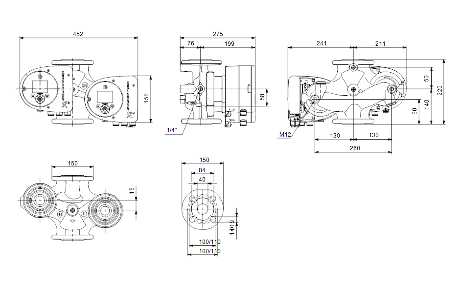 Disegno tecnico dimensionale pompa elettronica doppia Grundfos MAGNA3 con quote dettagliate