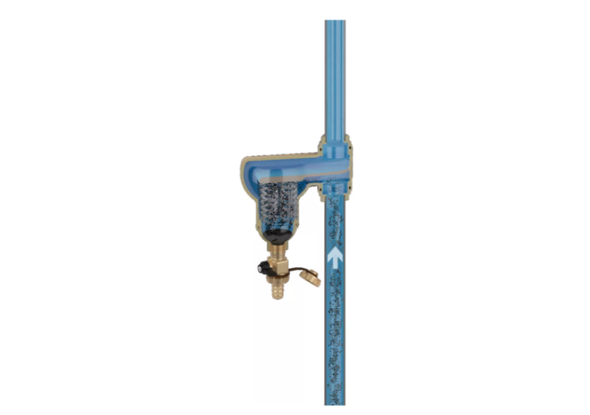 Immagine sezione defangatore ottone installato su impianto riscaldamento Caleffi