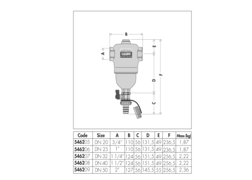 Disegno tecnico dimensioni defangatore ottone Caleffi 1 1/2 pollice 546208