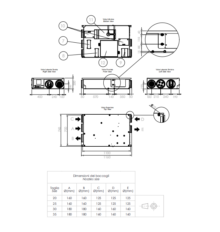 Disegno tecnico dimensionale deumidificatore Daikin 25 litri con dimensioni e bocche di aspirazione