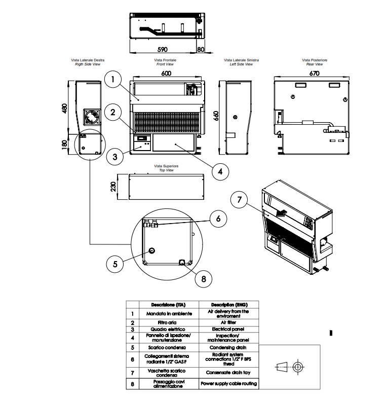 vista tecnica deumidificatore a parete daikin rv25 con dettagli installazione e collegamenti