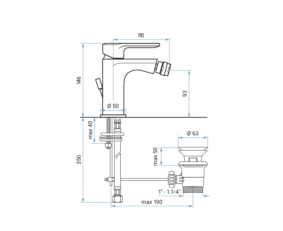 scheda tecnica miscelatore bidet Emmevi Nefer con misure dettagliate