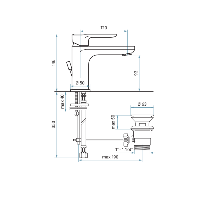 disegno tecnico miscelatore lavabo Emmevi cromato con misure dettagliate
