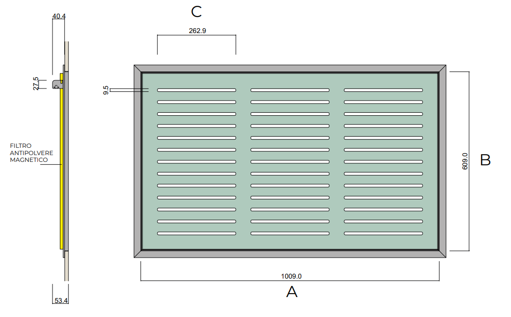 disegno tecnico griglia ripresa a scomparsa air control 1000x600 con filtro antipolvere magnetico