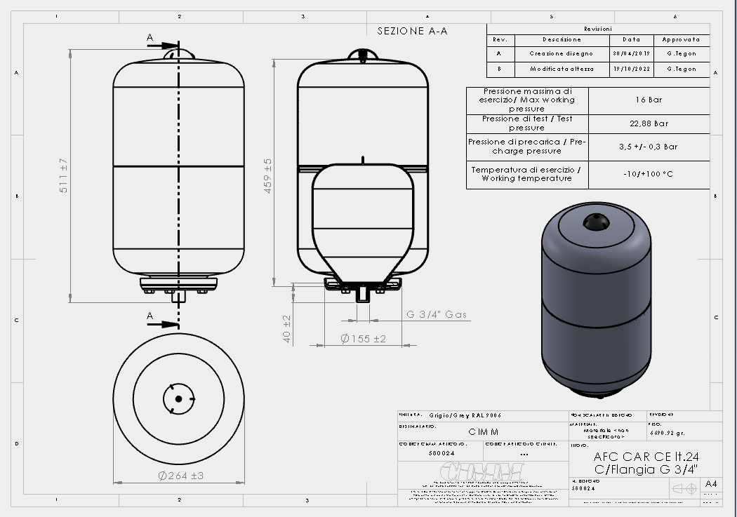 rendering tecnico vaso espansione 24 litri Cimm pressione massima 16 bar