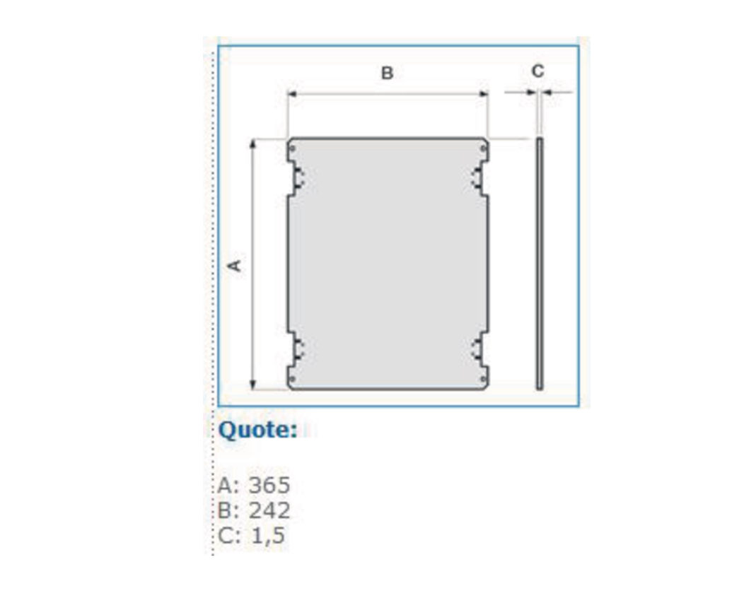 Disegno tecnico piastra di fondo acciaio Bocchiotti per quadri Pedro VTR 02 con misure 365x242 mm