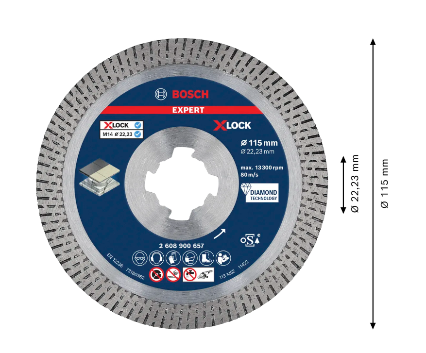 Disco diamantato Bosch X Lock con specifiche tecniche diametro 115mm foro 22.23mm
