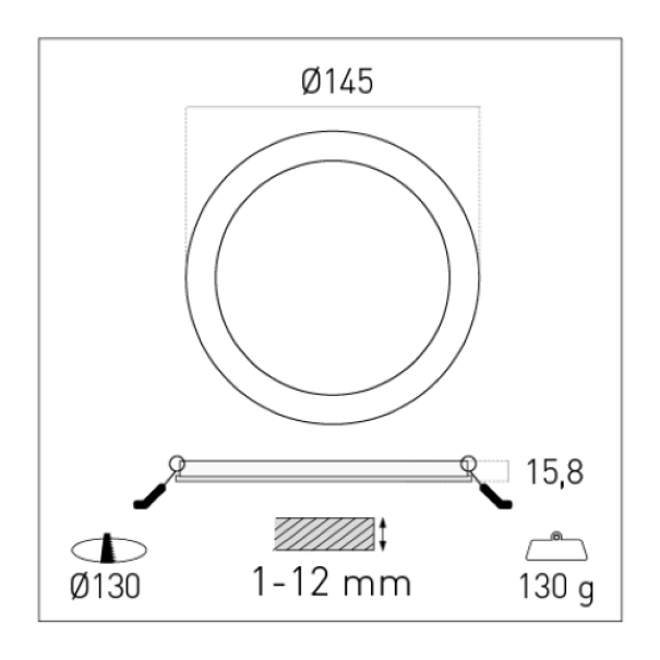 Disegno tecnico pannello LED rotondo Century dimensioni per incasso