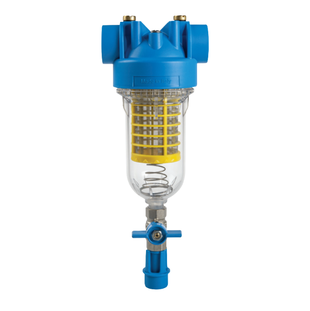 Filtro autopulente compatto per acqua domestica Atlas Filtri vista frontale con corpo trasparente e valvola di scarico