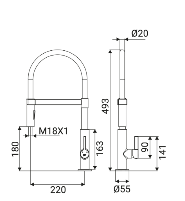 Disegno tecnico miscelatore lavello cucina nero due getti IDRO-BRIC