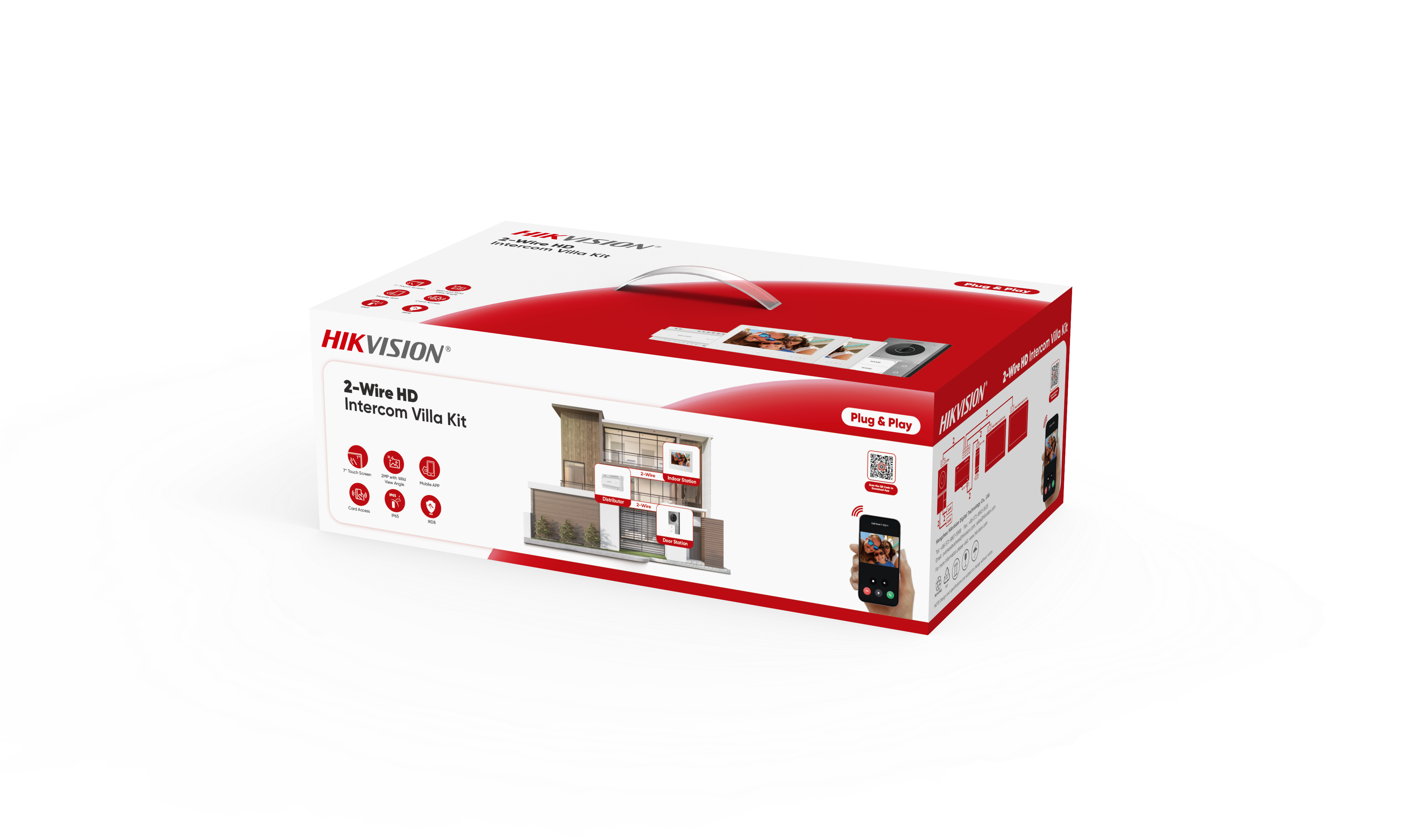 Scatola originale del kit videocitofono bifamiliare 2 fili HD Hikvision con immagini degli accessori inclusi e dettagli prodotto