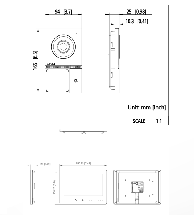 Disegno tecnico dimensionale dei componenti del kit videocitofono bifamiliare Hikvision 2 fili, monitor e pulsantiera