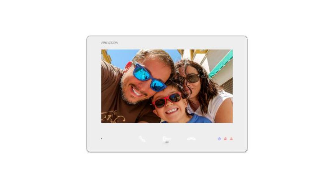 videocitofono interno touch screen 7 pollici Hikvision bianco vista frontale con display attivo