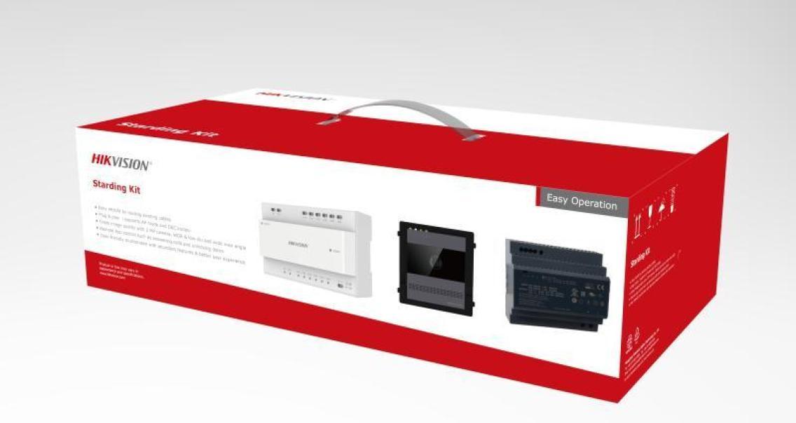 Confezione del kit videocitofono 2 fili HD Hikvision con componenti principali in vista