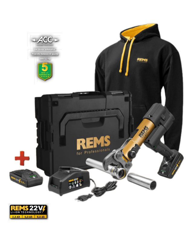 Kit pressatrice radiale a batteria REMS 22V edizione oro completo di valigetta felpa e batterie