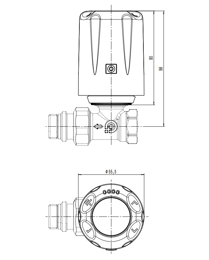 Dimensioni comando cronotermostatico elettronico Caleffi per radiatori Disegno tecnico comando cronotermostatico Caleffi con misure 80x55 millimetri