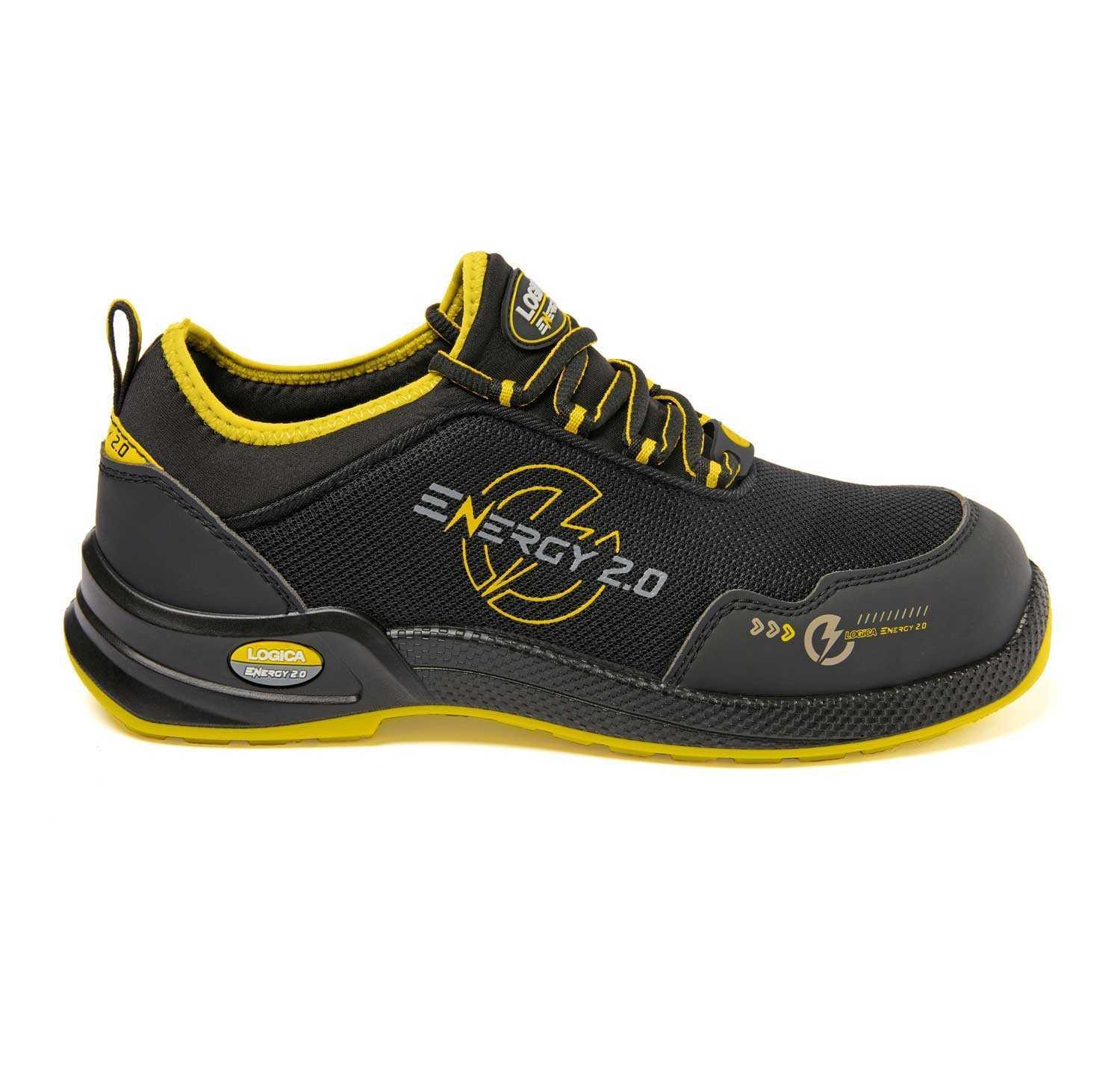 calzatura antinfortunistica logica energy 2.0 visione laterale destra scarpa da lavoro bassa nera con dettagli gialli logica energy 2.0 vista laterale dx