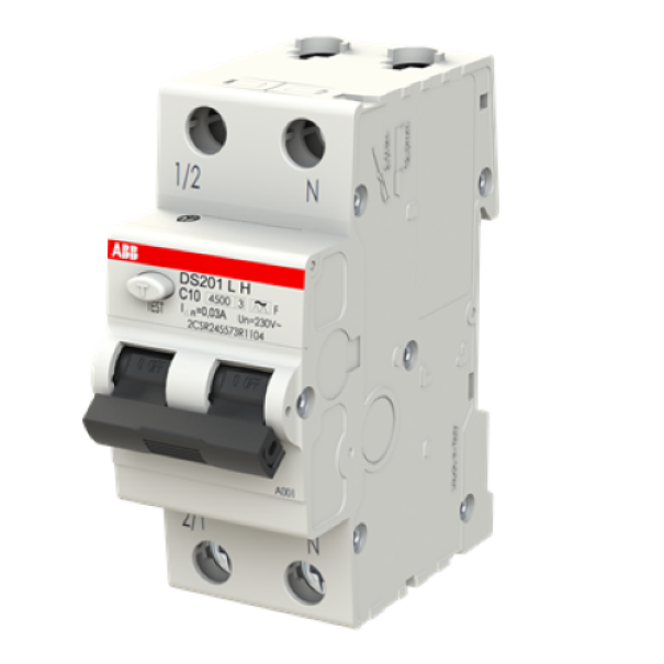 abb ds201 interruttore magnetotermico differenziale 1P N tipo F 10A vista laterale interruttore abb ds201lhc10f30 1p n differenziale magnetotermico vista laterale