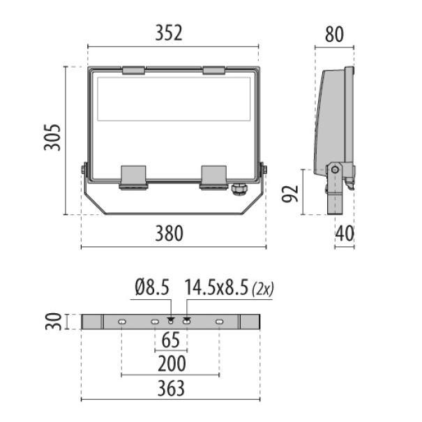 disegno tecnico dimensioni proiettore LED Performance in Lighting Guell 2 plus 380x305x80 millimetri