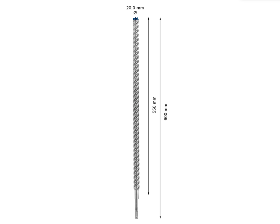 Immagine tecnica punta Bosch SDS plus-7X con dettagli lunghezza e diametro per perforazione armato