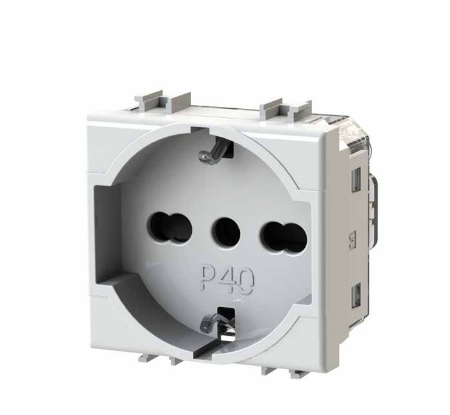 presa elettrica universale bianca compatibile Bticino Matix GO vista tridimensionale
