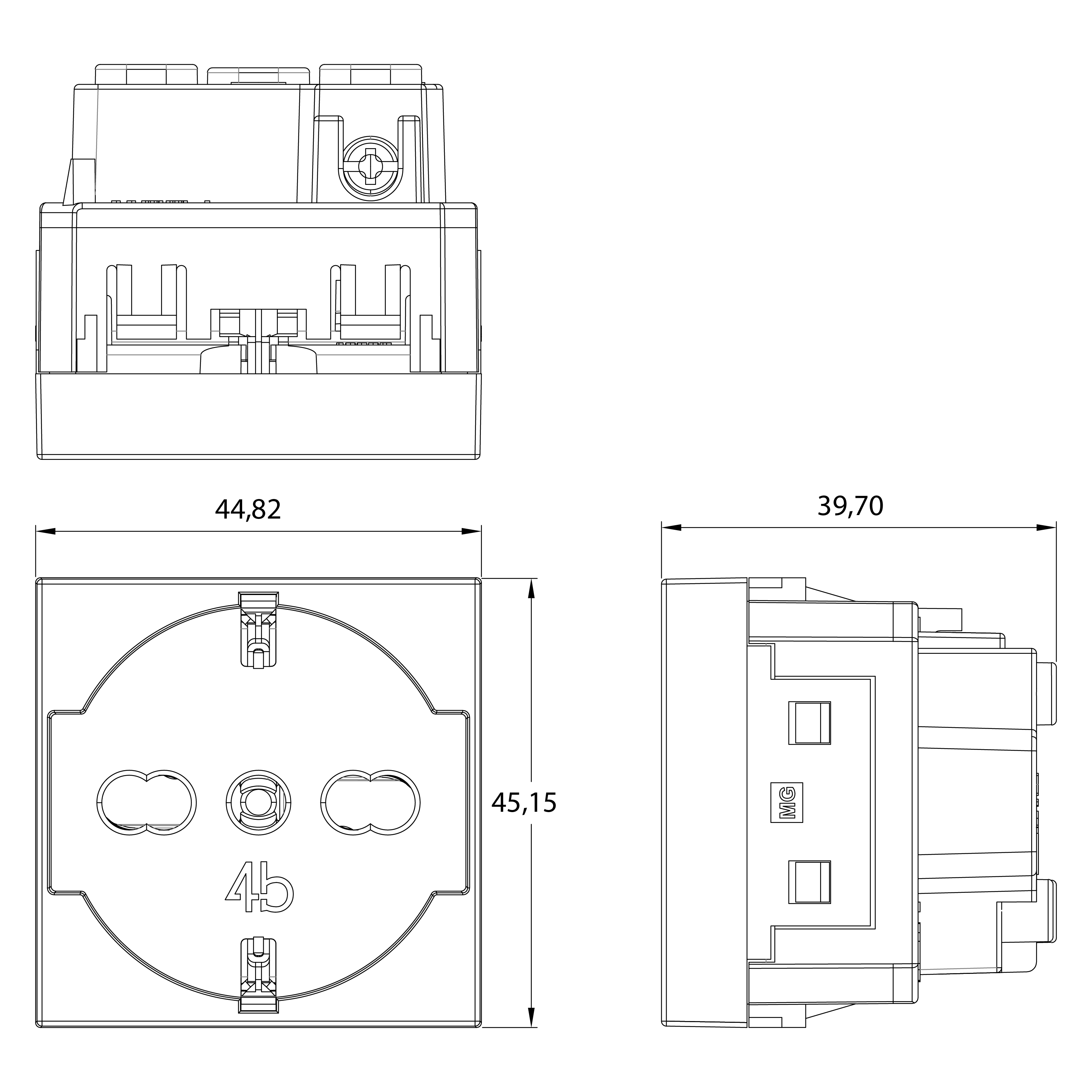 disegno tecnico presa universale 4BOX Matix GO bianca con misure in millimetri