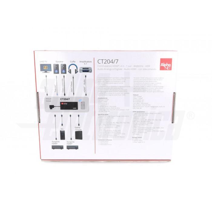 Retro confezione commutatore HDMI CT204 7 Alpha Elettronica Retro confezione del commutatore HDMI Alpha Elettronica CT204 7 con descrizione tecnica