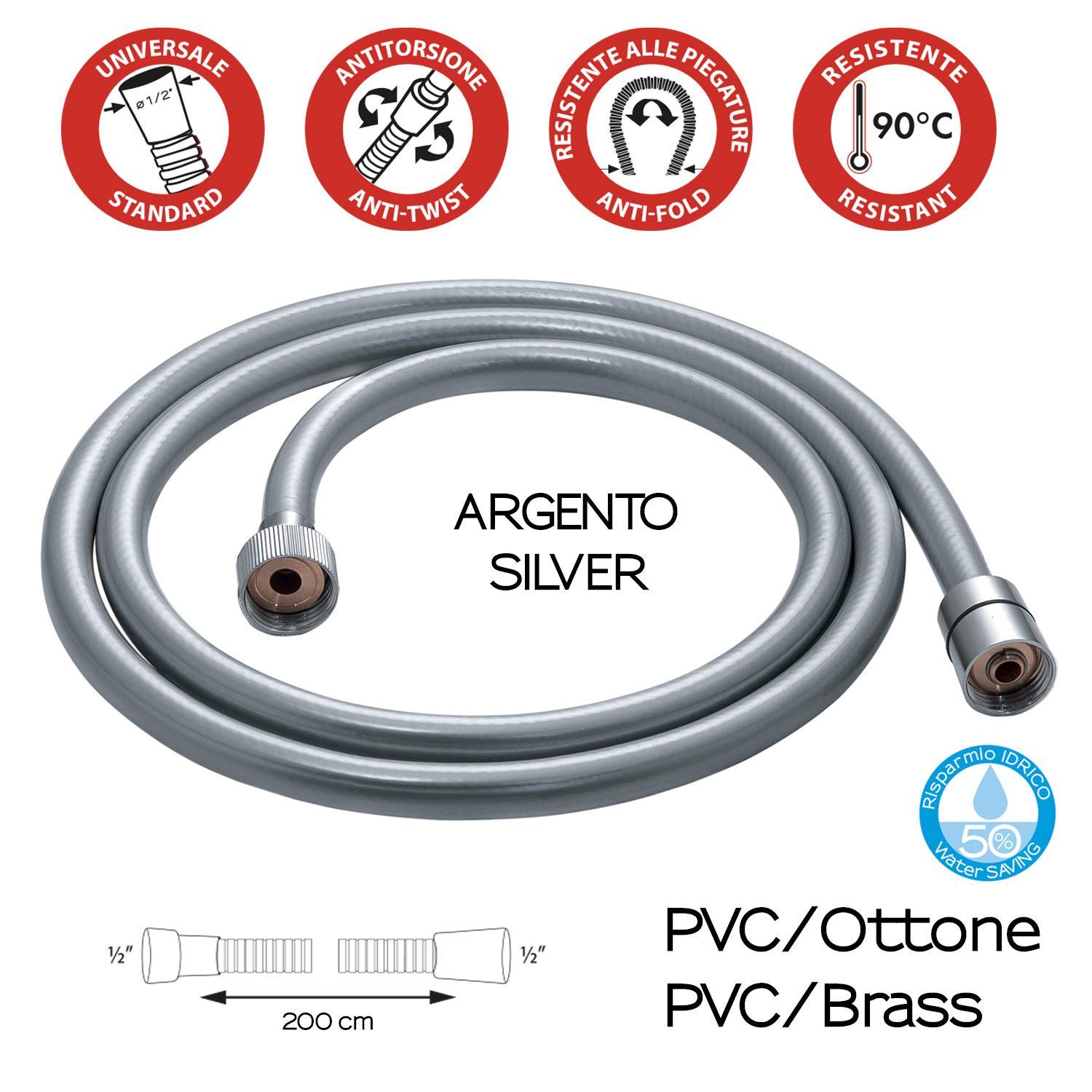 dettaglio flessibile doccia universale in pvc argento da 200 centimetri particolare del flessibile doccia universale pvc ottone da 200 cm resistente alle piegature