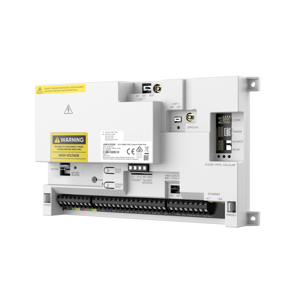Centrale allarme Hikvision AX Hybrid G2 Pro vista laterale con terminali doppio bus e connettori comunicazione