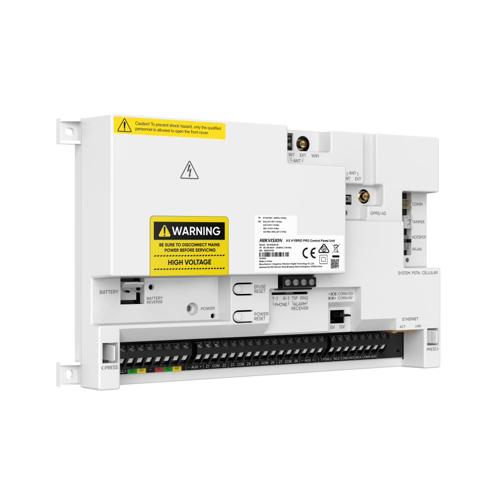 Centrale allarme Hikvision 96 zone ibrida vista prospettica sinistra con morsetti e indicatori di stato