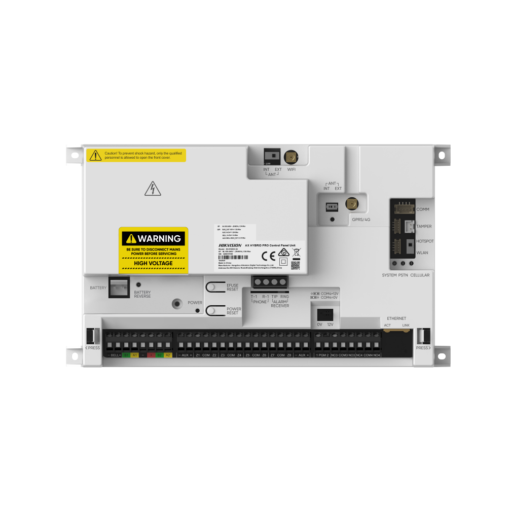 Centrale allarme Hikvision AX Hybrid G2 Pro vista frontale completa con connettori e indicazioni di sicurezza