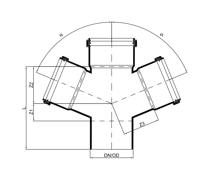 Schema tecnico braga doppia 90 mm insonorizzata BAMPI Disegno tecnico braga doppia 90x90x90 mm per impianti di scarico BAMPI