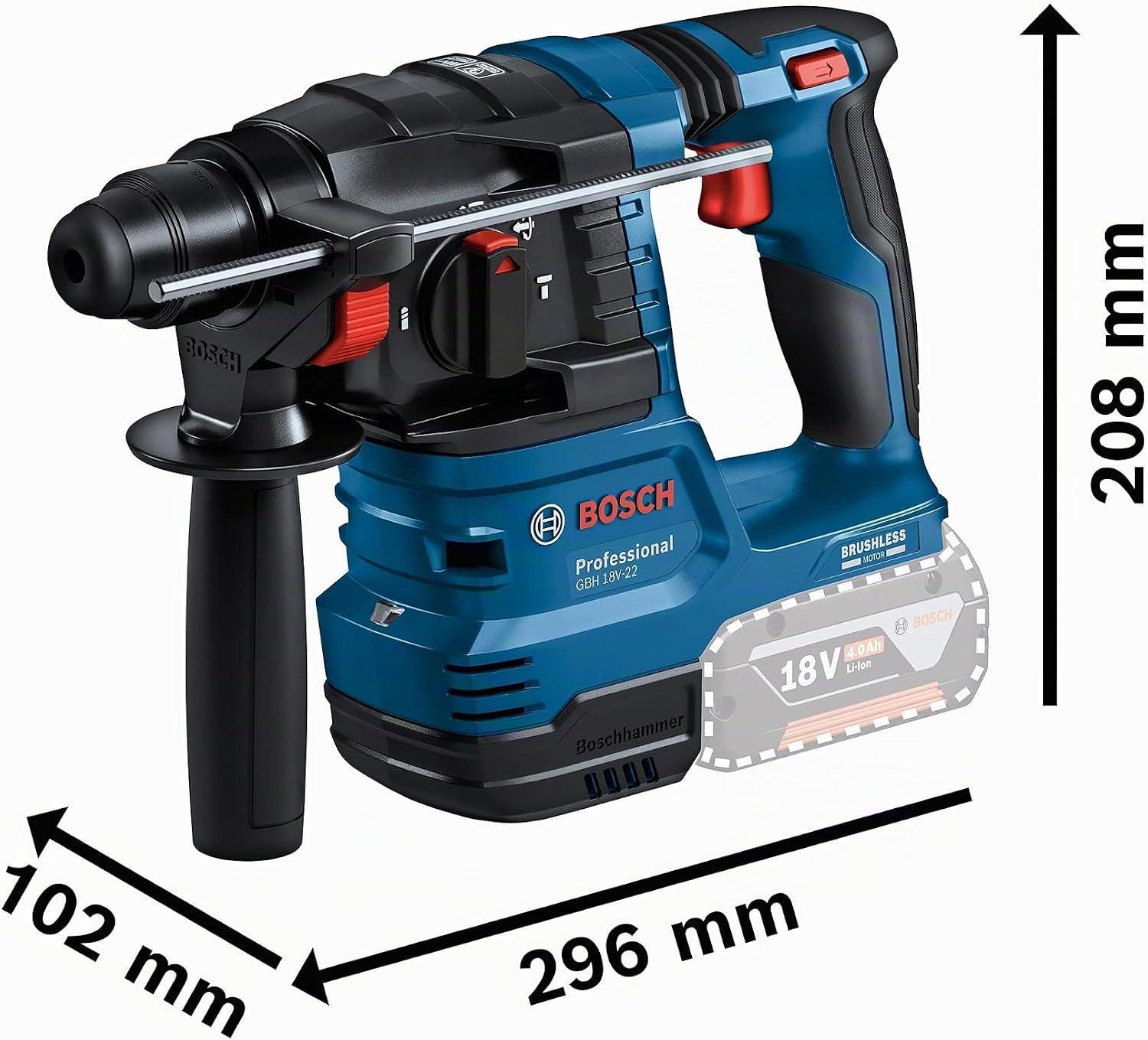 tassellatore Bosch Professional 18V con impugnatura e dimensioni tassellatore Bosch Professional GBH 18V-22 con misure dimensioni e impugnatura ergonomica