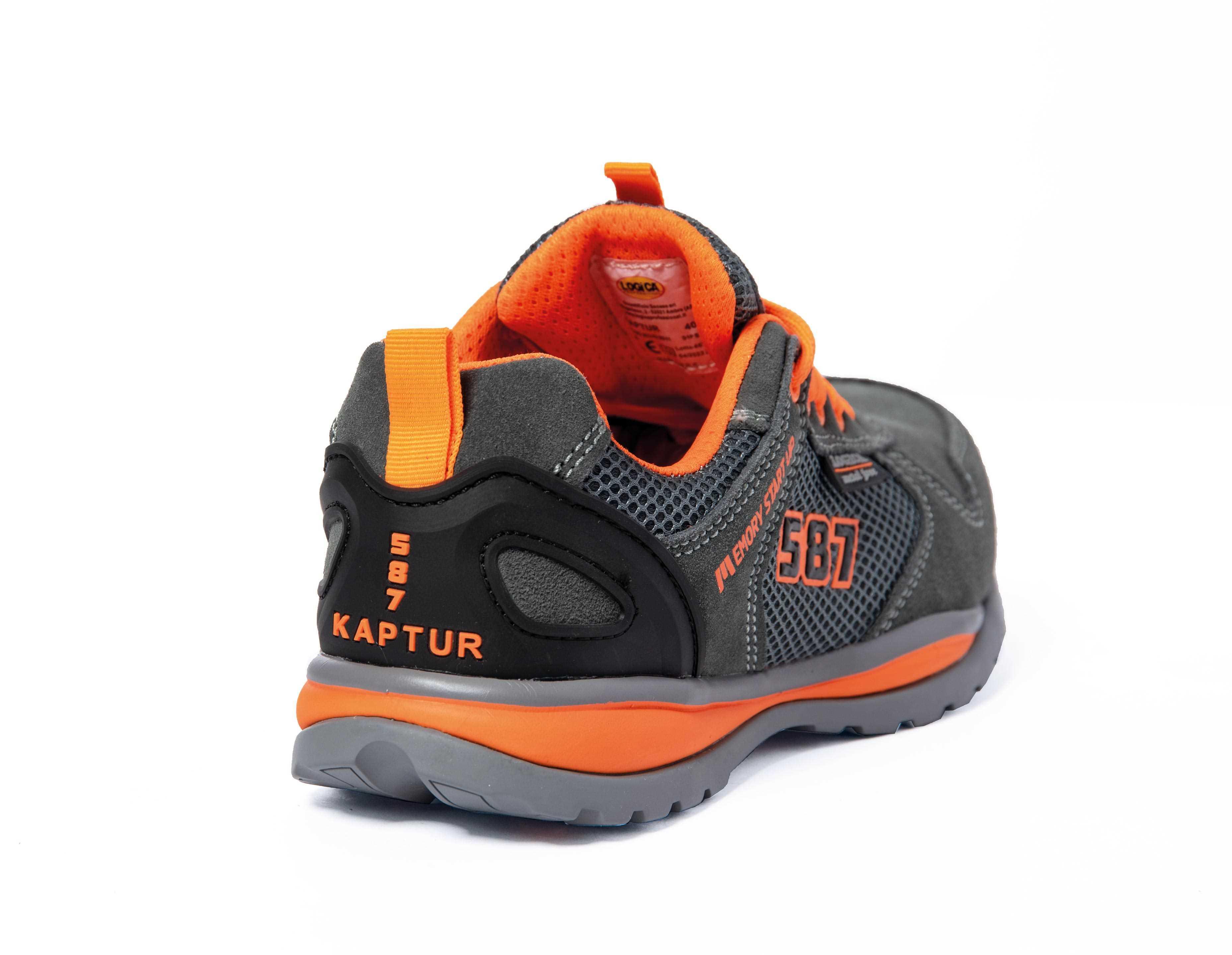dettaglio posteriore scarpa antinfortunistica kaptur grigia arancione logica scarpa antinfortunistica kaptur visuale posteriore dettagli grigi e arancioni suola eva
