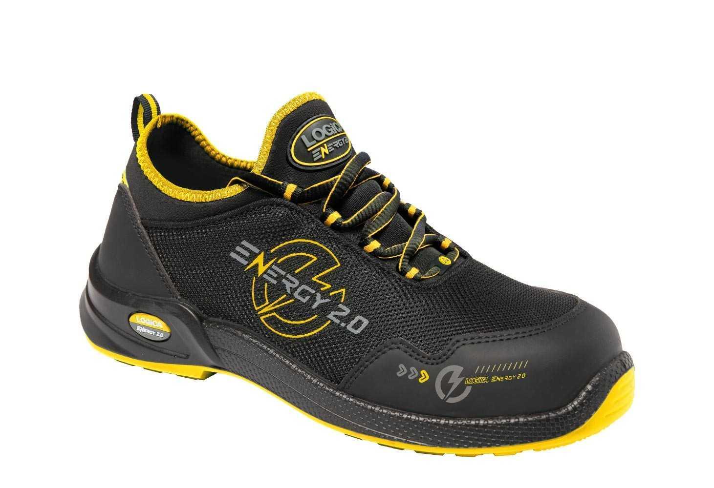 Scarpa antinfortunistica bassa S3S nero giallo GUANTIFICIO SENESE dettaglio laterale Scarpa antinfortunistica bassa tessuto nero giallo S3S GUANTIFICIO SENESE vista laterale suola alta resistenza scivolamento
