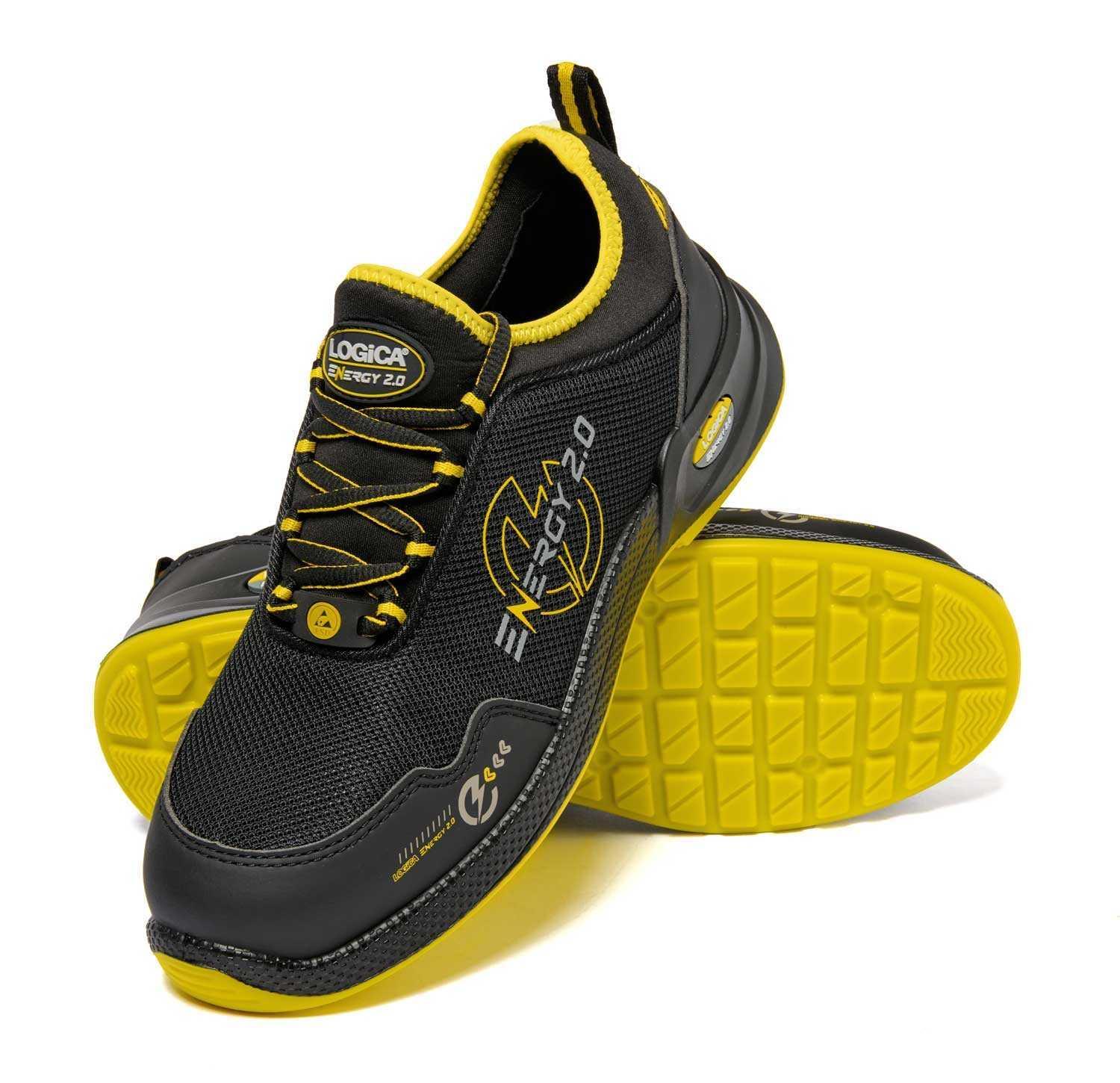 Scarpe antinfortunistiche bassa S3S nero giallo GUANTIFICIO SENESE vista di insieme Coppia scarpe antinfortunistiche basse tessuto nero giallo S3S vista combinata