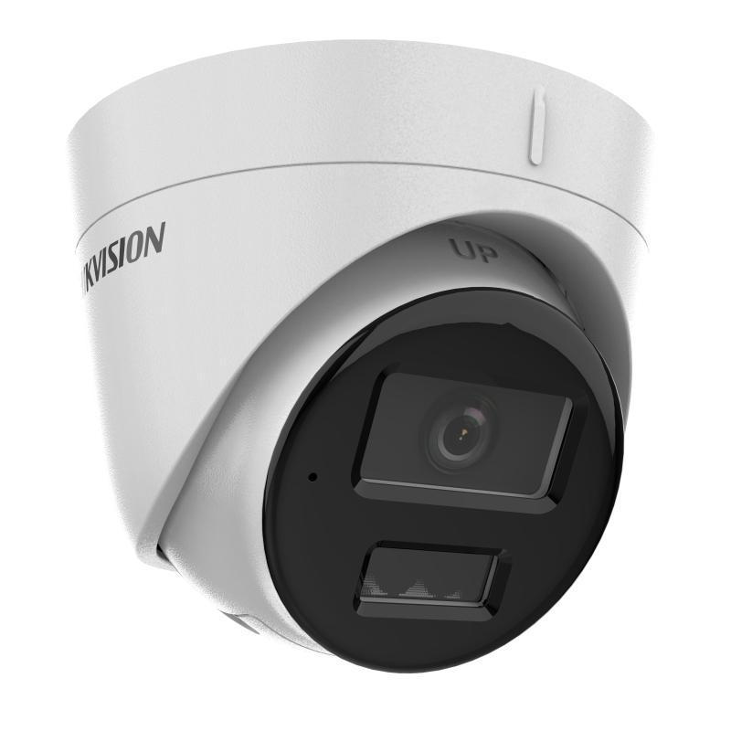 Dettaglio telecamera turret 4MP Hikvision con supporto a muro Vista laterale telecamera IP 4MP Hikvision turret per sicurezza e sorveglianza ambienti esterni