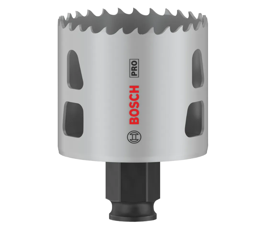 Sega a tazza Bosch 54mm per multi materiali vista frontale Sega a tazza multi materiale Bosch 54mm vista frontale con dentatura professionale