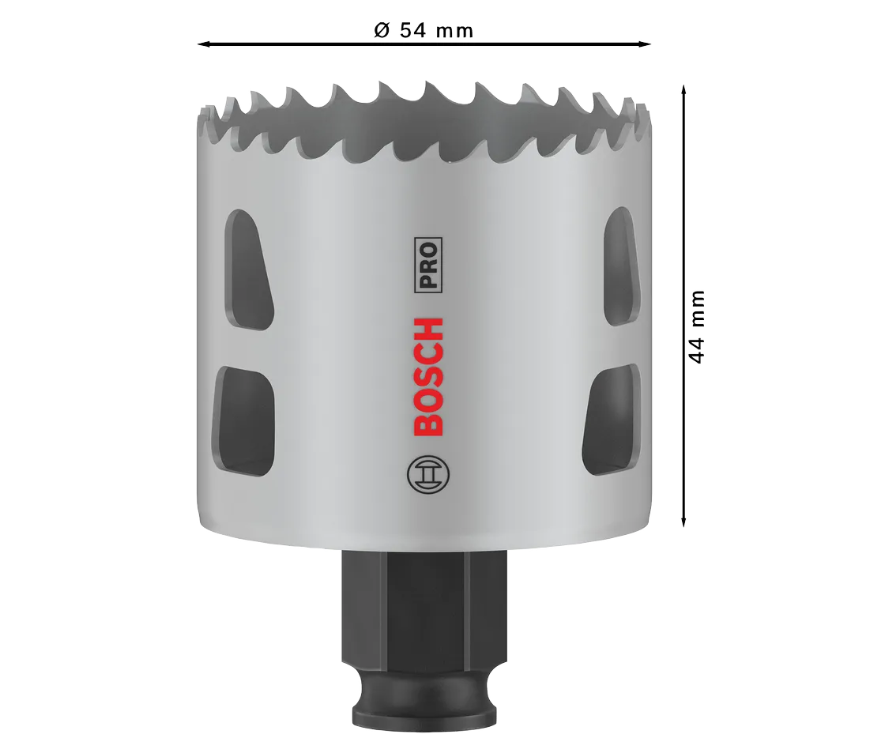 Dettaglio tecnico sega a tazza Bosch 54mm per multi materiali Immagine ravvicinata sega a tazza Bosch 54mm per forature su vari materiali